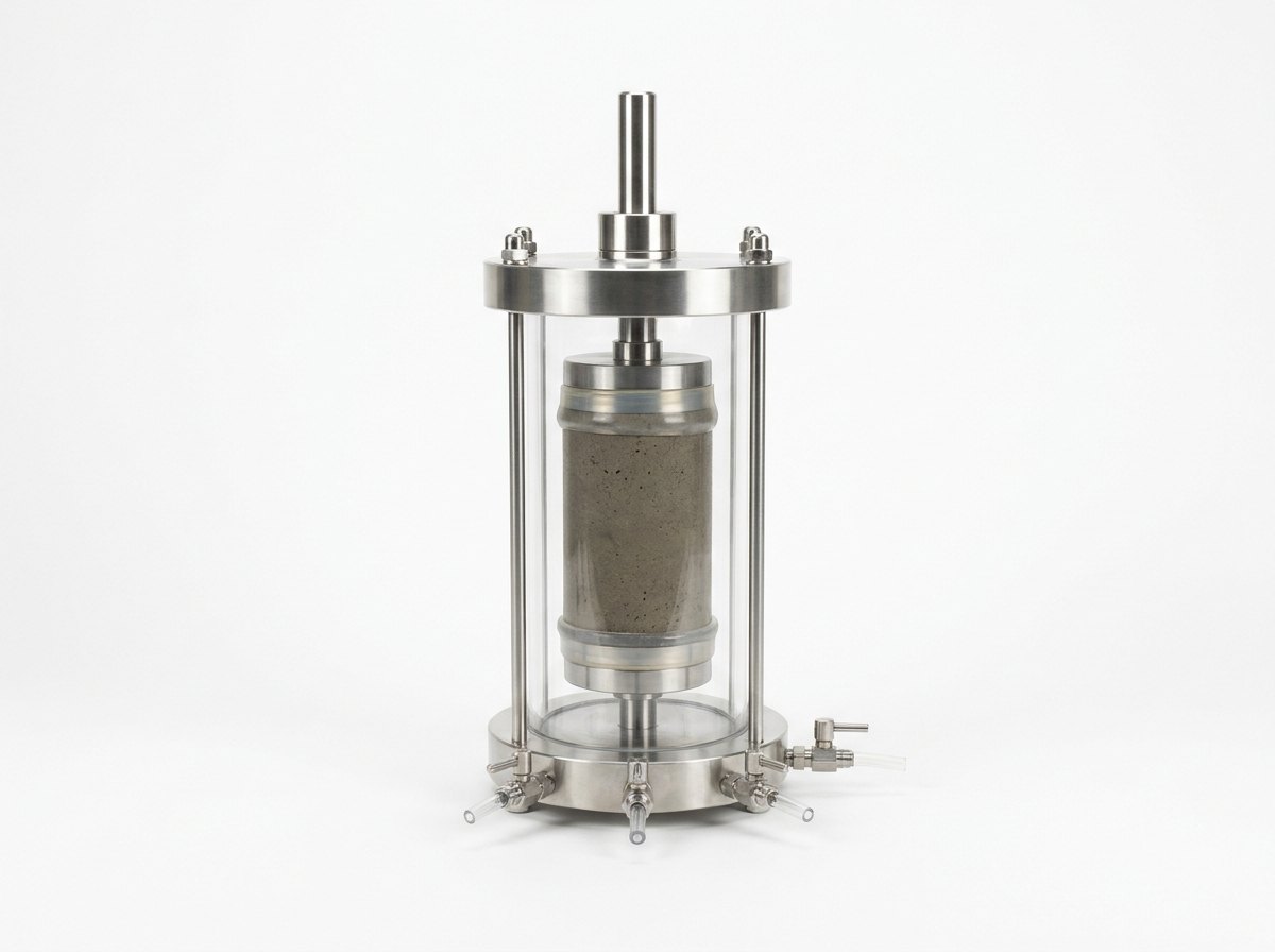 A single triaxial cell on a plain white studio background: a clear thick-walled acrylic cylinder between a bright stainless steel base plate and top plate held by four slim tie rods, a grey-brown soil specimen inside in a thin transparent membrane between two bright end caps, a polished ram through the top plate and small stainless valves with short clear tubes on the base, and no people