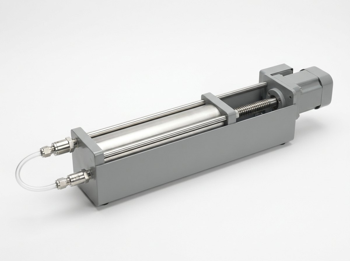 A single pressure and volume controller on a plain white studio background: a long bright stainless steel cylinder lying in a plain grey painted steel housing, with a lead screw driven by a compact motor at one end and two bright stainless fittings joined by a short clear tube at the other, and no people