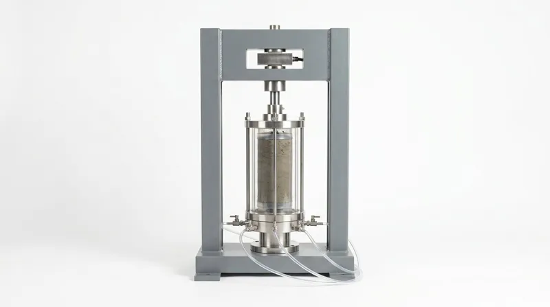 A single triaxial test loading frame on a plain white studio background: a rigid grey painted steel frame with a base plate, two vertical columns and a crosshead carrying a bright load cell, and standing on the base plate a clear acrylic cylindrical cell between bright stainless steel plates held by slim tie rods, with a grey-brown soil specimen inside wrapped in a thin transparent membrane, a polished ram entering the top, and three thin clear tubes with small valves leaving the base, and no people