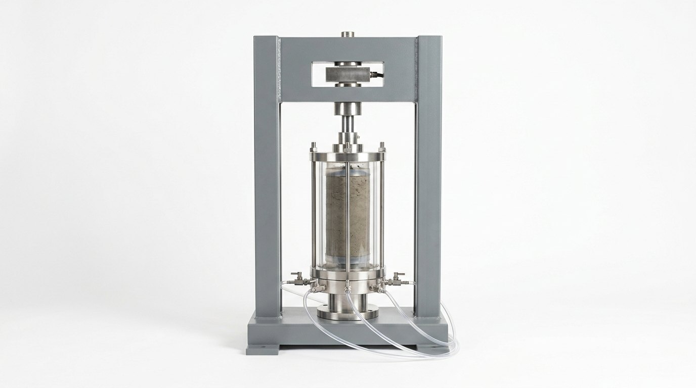 A single triaxial test loading frame on a plain white studio background: a rigid grey painted steel frame with a base plate, two vertical columns and a crosshead carrying a bright load cell, and standing on the base plate a clear acrylic cylindrical cell between bright stainless steel plates held by slim tie rods, with a grey-brown soil specimen inside wrapped in a thin transparent membrane, a polished ram entering the top, and three thin clear tubes with small valves leaving the base, and no people