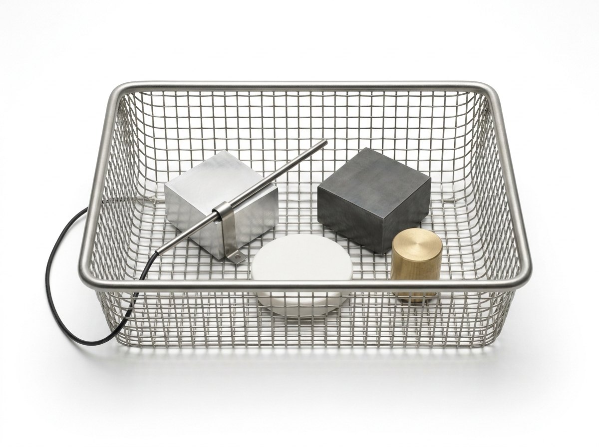 A single stainless steel wire mesh specimen basket standing on a bare stainless steel work table, holding four plain bare test pieces, a bright aluminium block, a dark steel block, a white ceramic disc and a small brass cylinder, spaced apart, with a thin stainless steel temperature probe clamped flat against the surface of the aluminium block by a small steel clip and a thin black lead running out over the edge of the basket and curling across the table, and no people