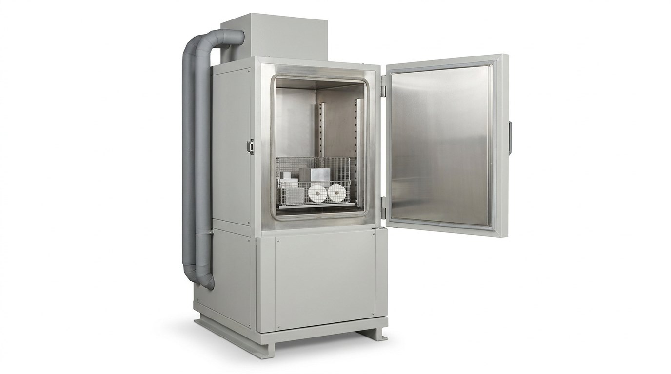 A single floor-standing industrial thermal shock test chamber: a tall pale grey painted steel insulated cabinet on a welded steel base frame with its heavy insulated door standing open on two hinges, showing a bright brushed stainless steel interior with one stainless steel wire basket holding a few plain aluminium blocks and white ceramic discs, and two thick insulated round grey ducts running up the back to a plain grey housing on top, and no people