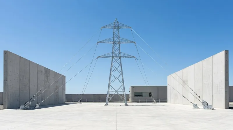 A full-scale transmission tower test station: a bare lattice steel tower with three cross-arms stands on a concrete test pad between two tall reinforced-concrete reaction walls, with steel test ropes running from the cross-arm tips down to pulley blocks at the foot of the walls, and a control building beyond a low rail