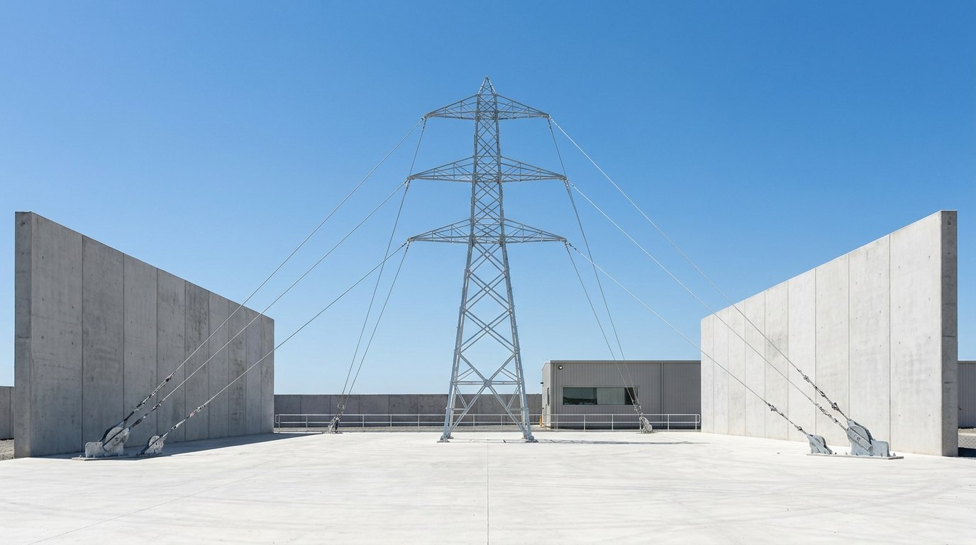 A full-scale transmission tower test station: a bare lattice steel tower with three cross-arms stands on a concrete test pad between two tall reinforced-concrete reaction walls, with steel test ropes running from the cross-arm tips down to pulley blocks at the foot of the walls, and a control building beyond a low rail