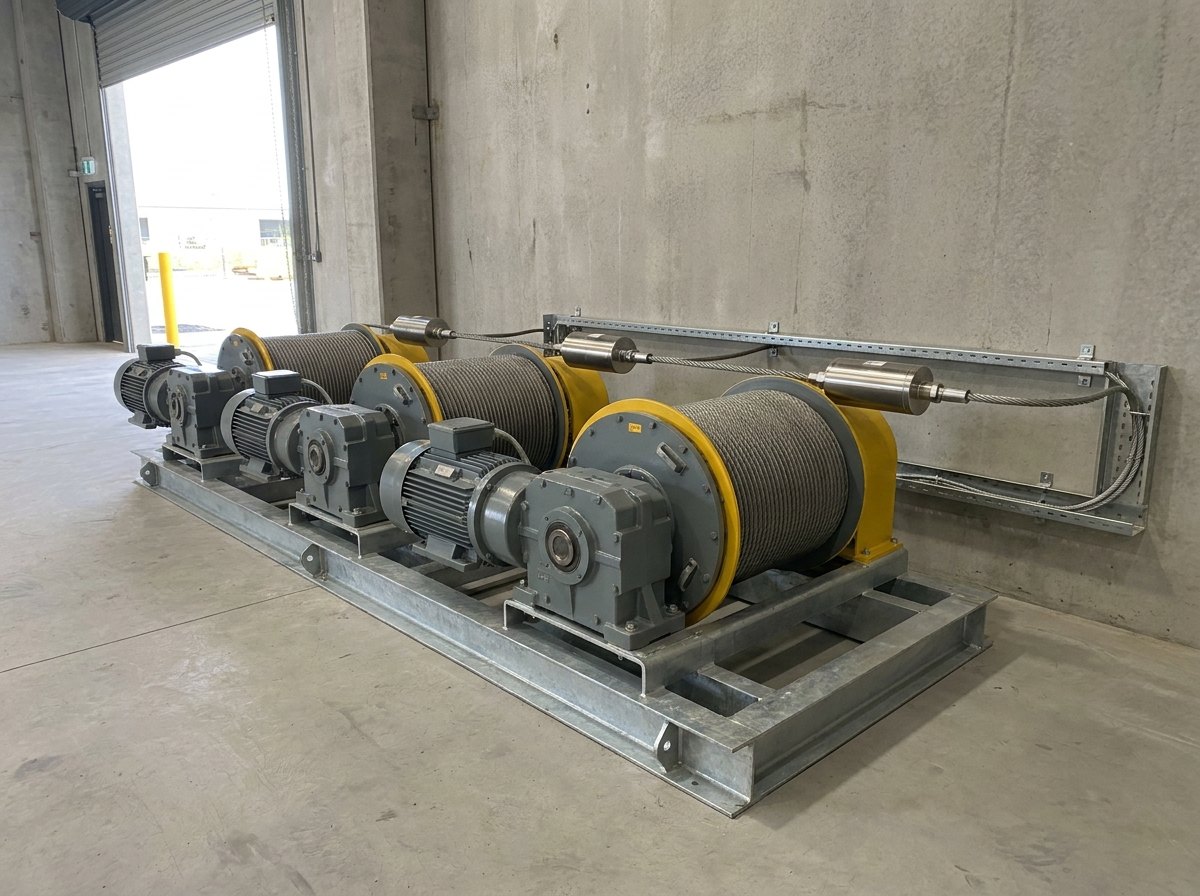 A bank of three servo winches on a galvanised steel skid in front of a concrete wall, each with a drum of steel wire rope, a gearbox and a motor, and a steel inline load cell in the rope, with the sensor cables running to a tidy rail on the wall
