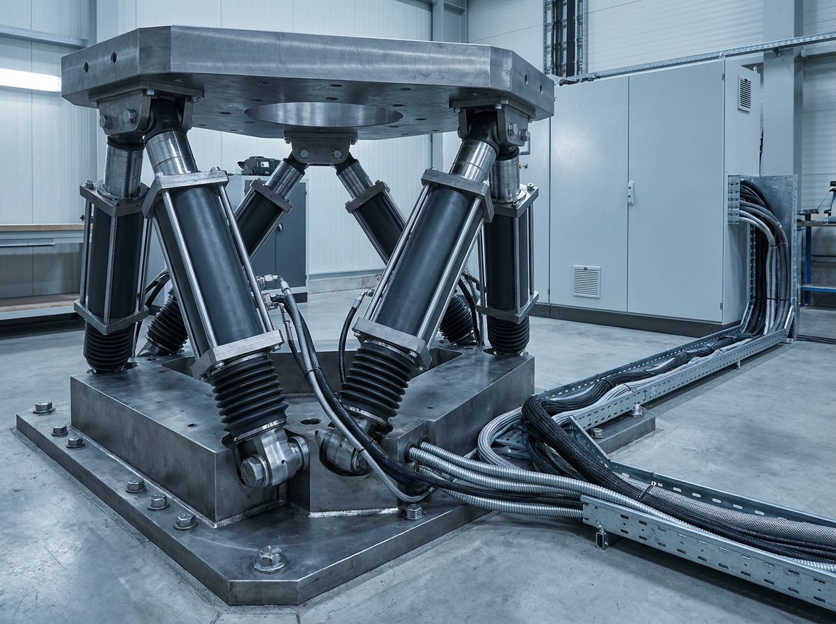 Representative render — detail of the six-axis motion platform: a heavy steel moving frame on six electromechanical linear actuators anchored to a concrete base, with a cable loom running to a control cabin; no vehicle or weapon markings