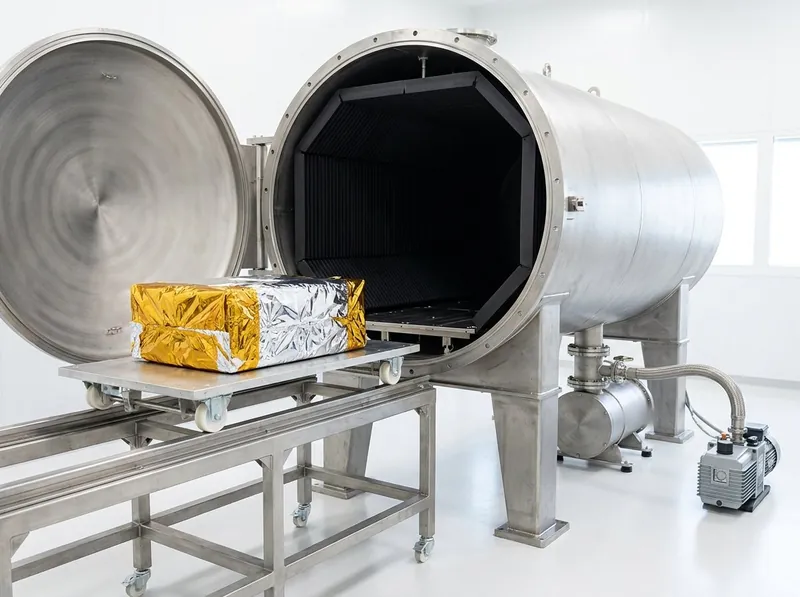 Illustrative image, not a delivered installation — a large horizontal cylindrical stainless thermal vacuum chamber with its dished door open on a hinge, black thermal-shroud panels lining the polished interior, a rail for the payload and vacuum pipework below, in a clean space laboratory