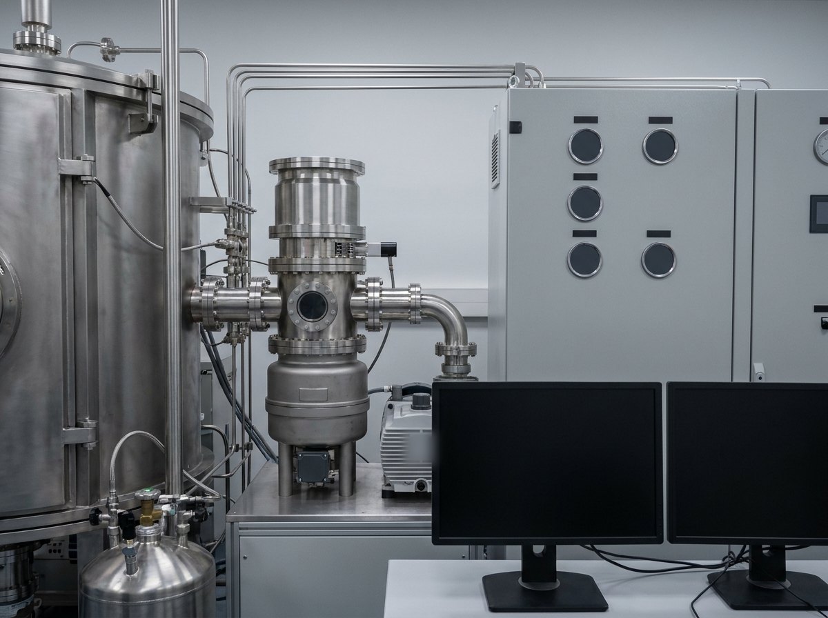 Illustrative image, not a delivered installation — the pumping and control side of a thermal vacuum chamber: turbo-molecular and cryogenic pumps and roughing pumps, vacuum gauges with plain faces, a liquid-nitrogen dewar and valves, and a control cabinet with two dark blank monitors, in a clean laboratory