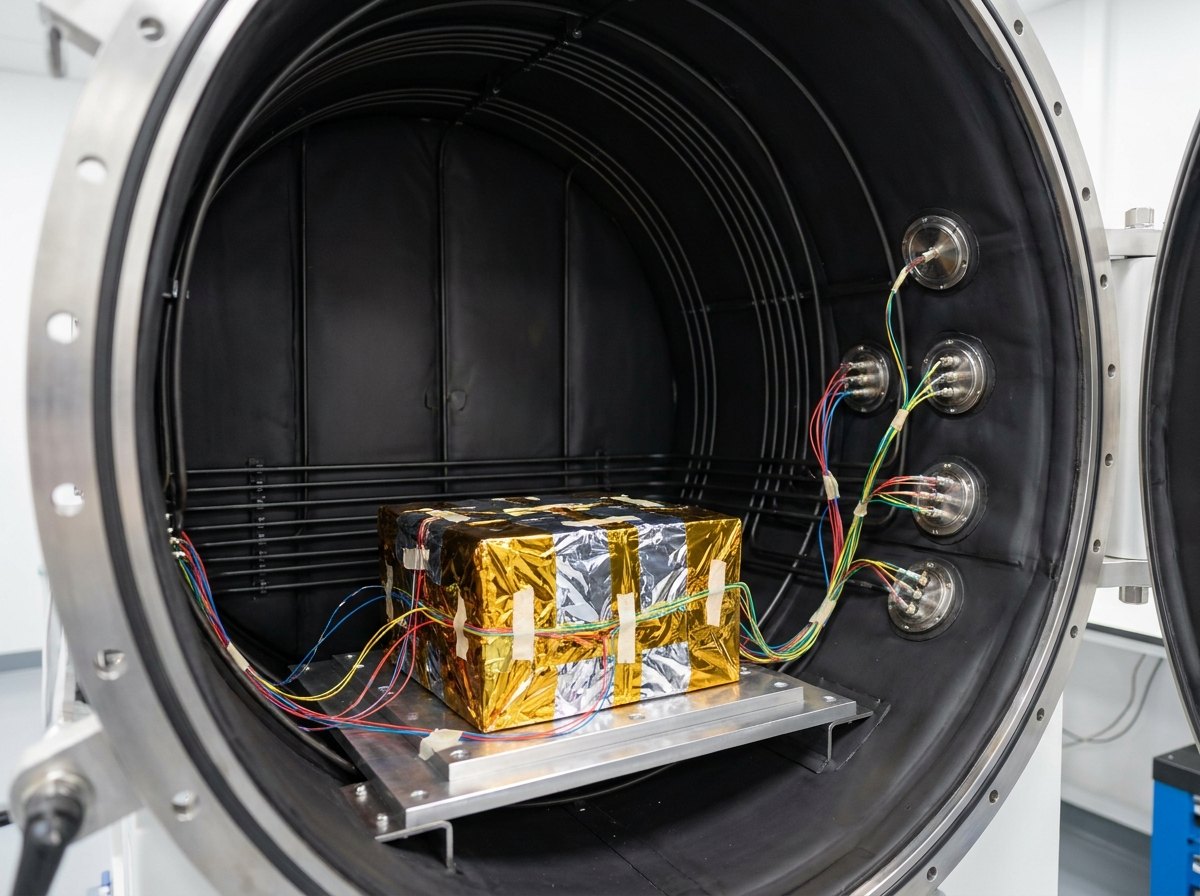 Illustrative image, not a delivered installation — the interior of an open thermal vacuum chamber: black tubed liquid-nitrogen shroud panels lining the walls, a mounting baseplate, and a generic boxy payload wrapped in multilayer insulation foil with many fine thermocouple wires led to sealed feedthrough connectors, no text and no people