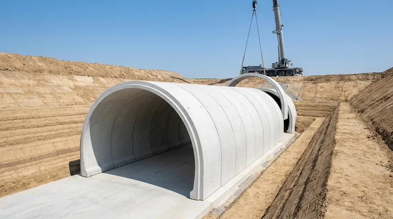 Precast concrete arch segments joined end to end on a base slab at the bottom of a neatly cut excavation, with a further arch segment hanging from a distant crane, ready to be lowered into place; the earth banks are bare and there are no people