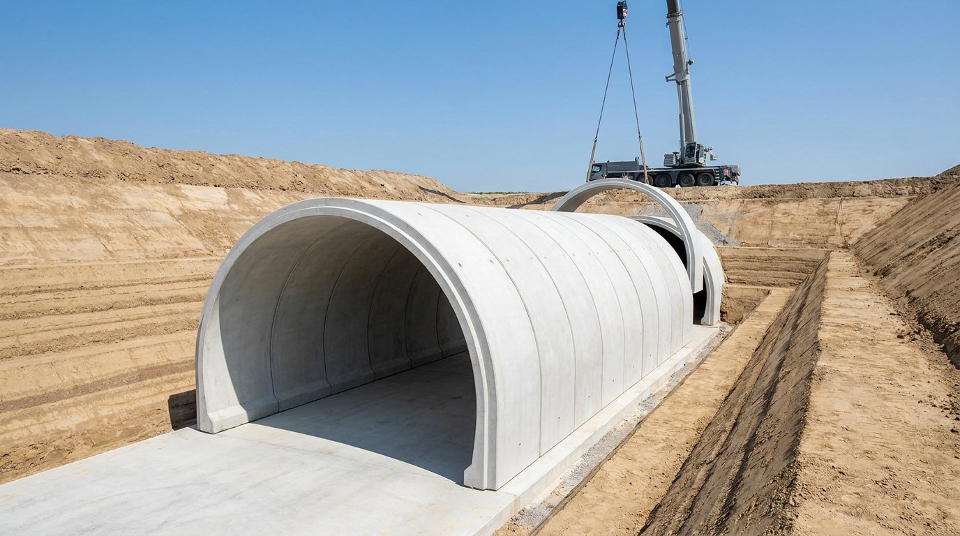 Precast concrete arch segments joined end to end on a base slab at the bottom of a neatly cut excavation, with a further arch segment hanging from a distant crane, ready to be lowered into place; the earth banks are bare and there are no people