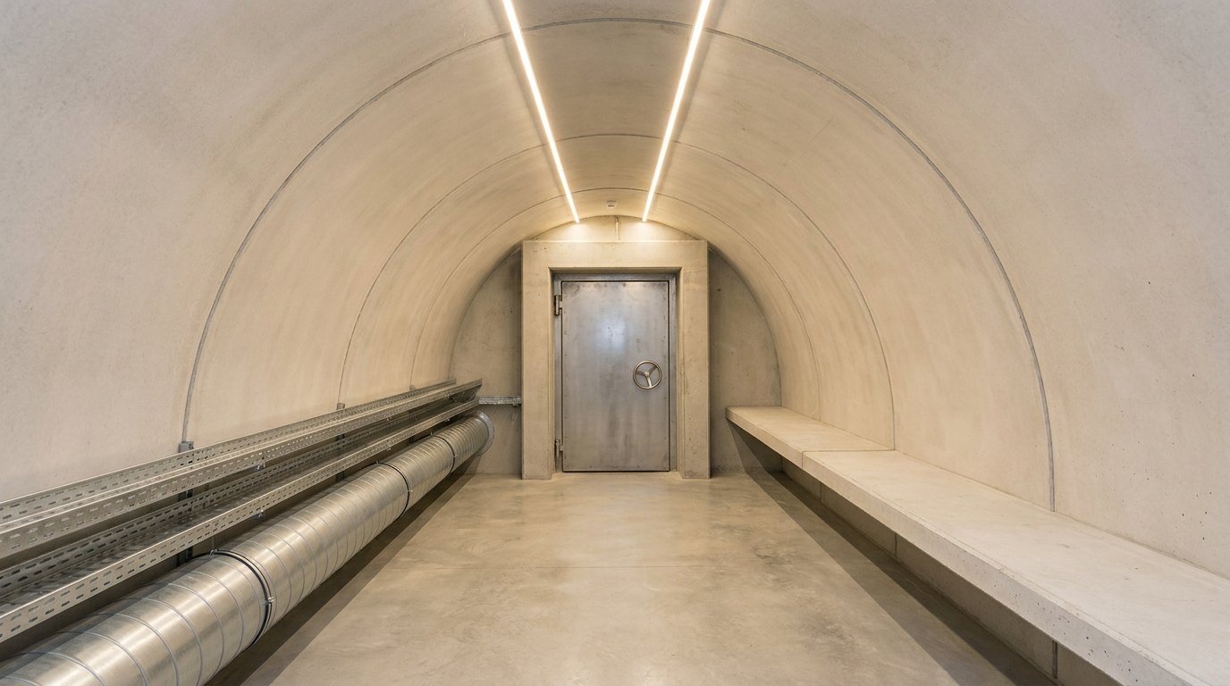 The inside of a completed precast arch structure looking along its length: a smooth pale concrete vault lit by two rows of strip lights, a galvanised cable tray and a round ventilation duct along one wall, an empty bench on the other, and a plain closed steel door in a concrete frame at the far end