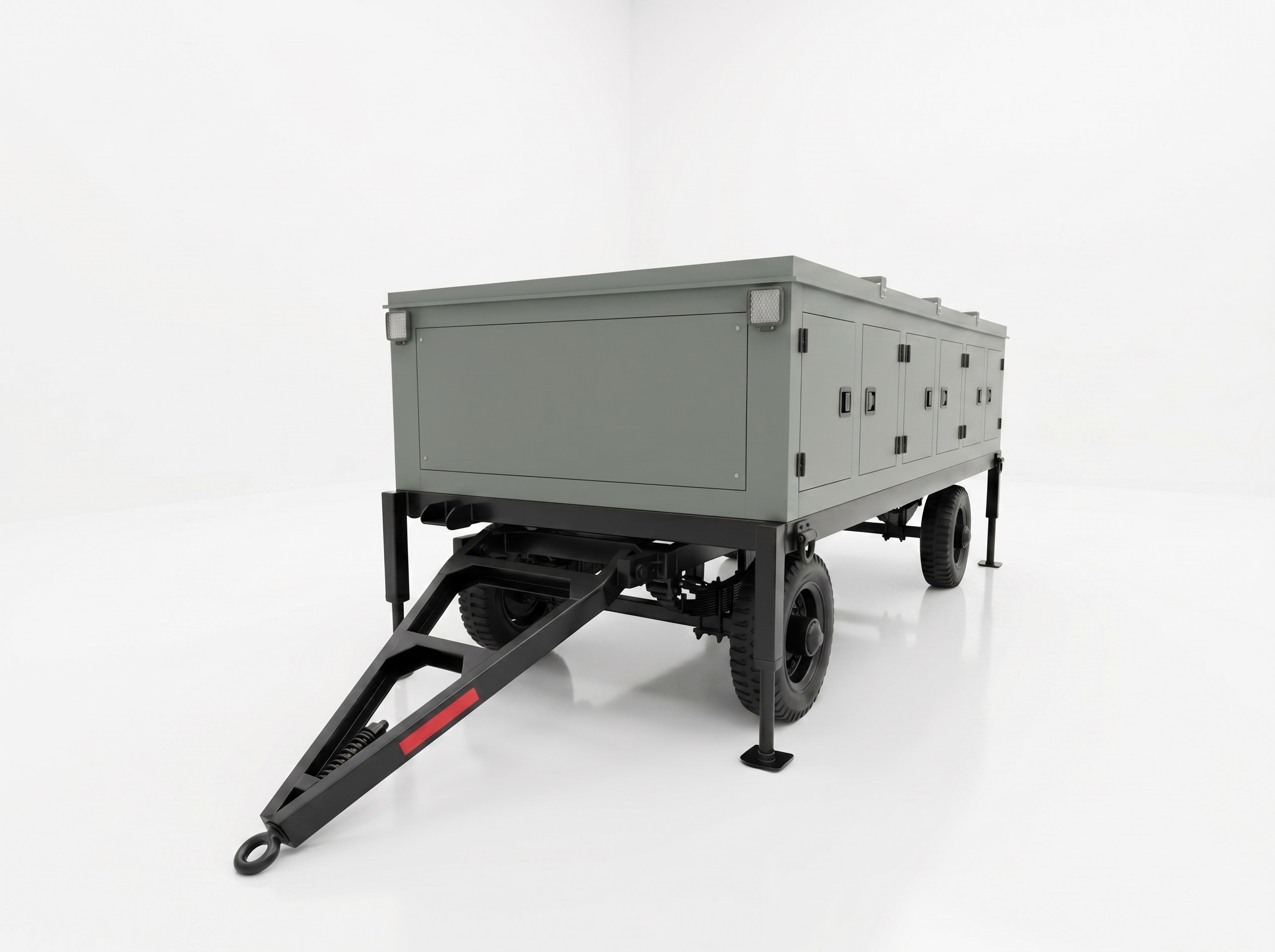 UGSSN2 &mdash; front-left isometric 3D render, trailer chassis and enclosure detail