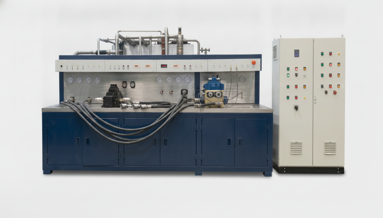 Universal Hydraulic Test Rig HMI monitoring interface — real-time hydraulic pump testing data visualization system, control panel and pump station