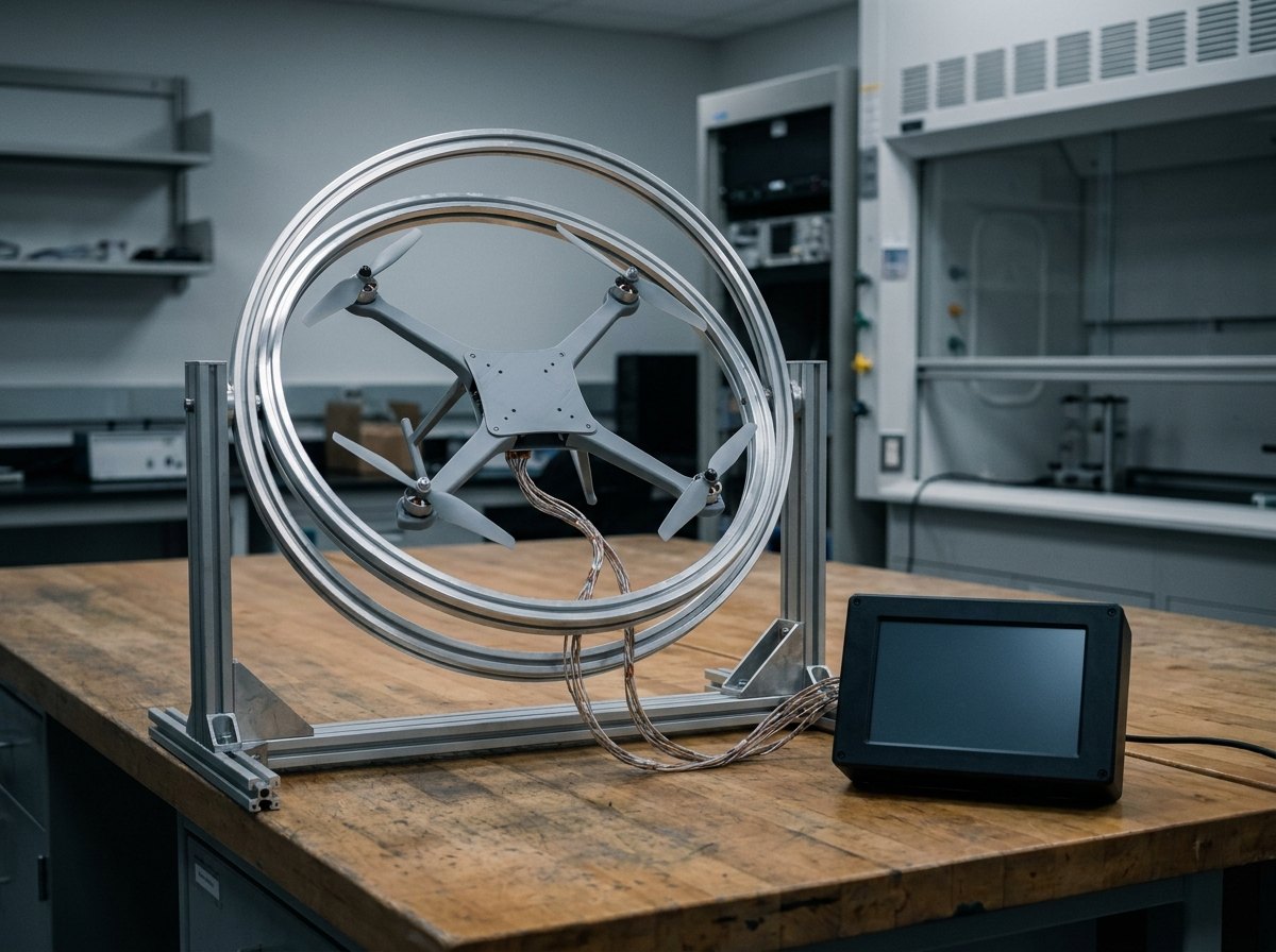 Illustrative image, not a delivered bench — a plain generic light-grey quadcopter frame with bare arms, motors and propellers and no payload, mounted at the centre of a three-axis gimballed test fixture of nested rings on a heavy bench, with cables to a console with a blank screen, no text and no people