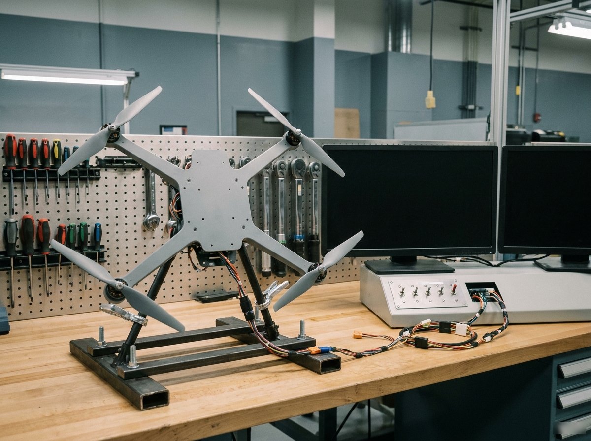 Illustrative image, not a delivered bench — a plain generic grey multirotor frame with no payload secured on a hold-down cradle on a workbench, an instrumented harness running to a test console with two blank screens and a small panel, tools racked nearby, no text and no people