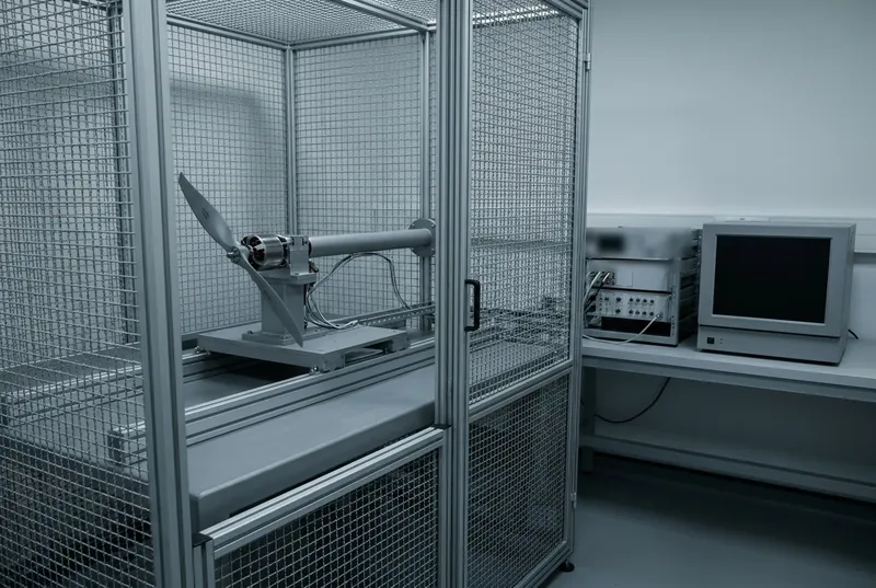 Illustrative image, not a delivered bench — a UAS propulsion thrust stand inside a mesh safety cage: a pylon on a rigid bed carrying an electric motor with a two-blade propeller on a load-cell sled, instrument cabling to a bench with a DAQ rack and power analyser with blank screens, no text and no people