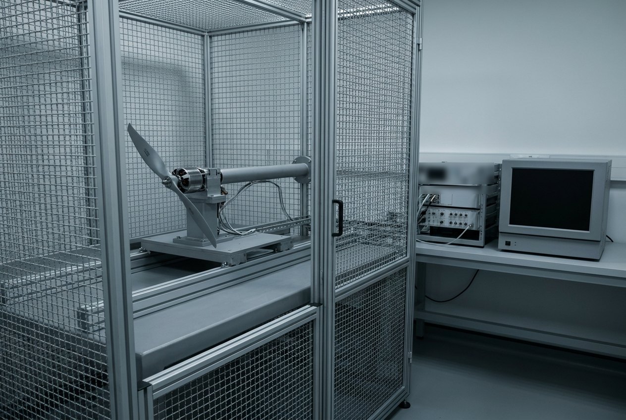 Illustrative image, not a delivered bench — a UAS propulsion thrust stand inside a mesh safety cage: a pylon on a rigid bed carrying an electric motor with a two-blade propeller on a load-cell sled, instrument cabling to a bench with a DAQ rack and power analyser with blank screens, no text and no people