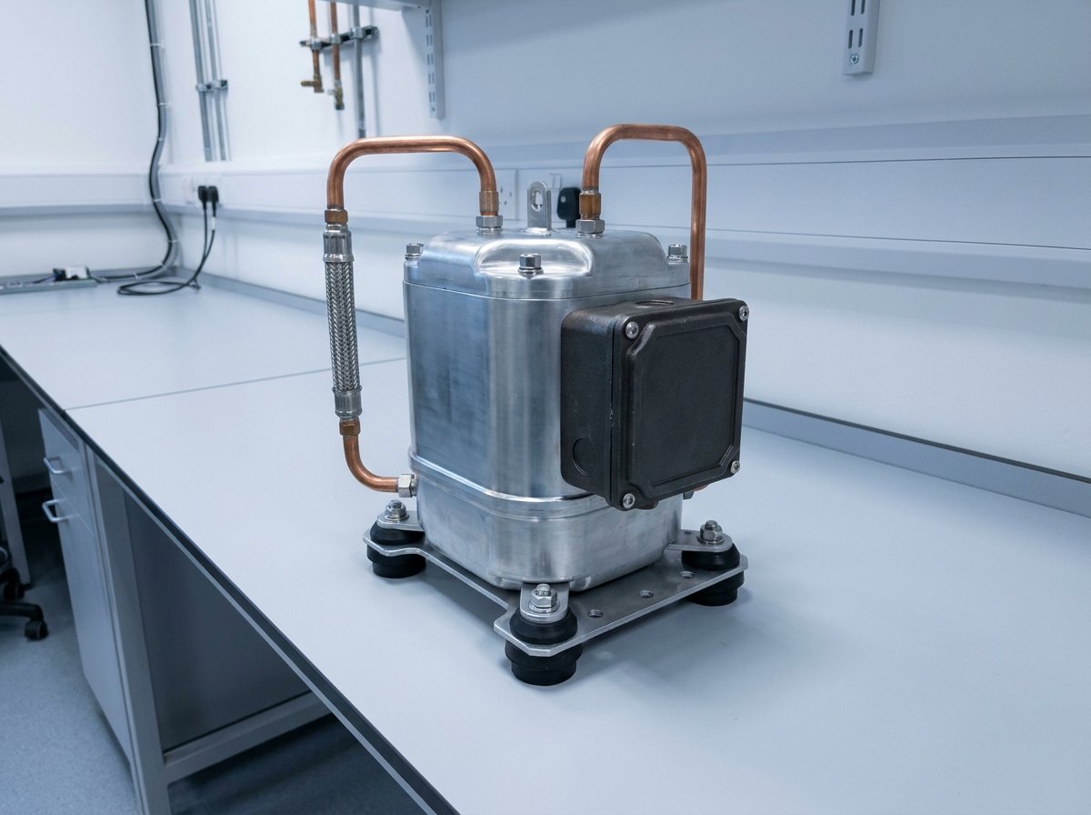 Illustrative of the class — close view of a compact refrigeration compressor on a clean light-grey laboratory bench: a squat cylindrical machined-aluminium compressor body standing upright on four black elastomer anti-vibration mounts bolted to a machined baseplate, two polished copper suction and discharge tubes leaving the top in smooth formed bends, a small dark cast terminal box on the side with a blank cover and a cable gland, a braided flexible hose section in one line and bright new stainless fasteners throughout, no people and no readable markings