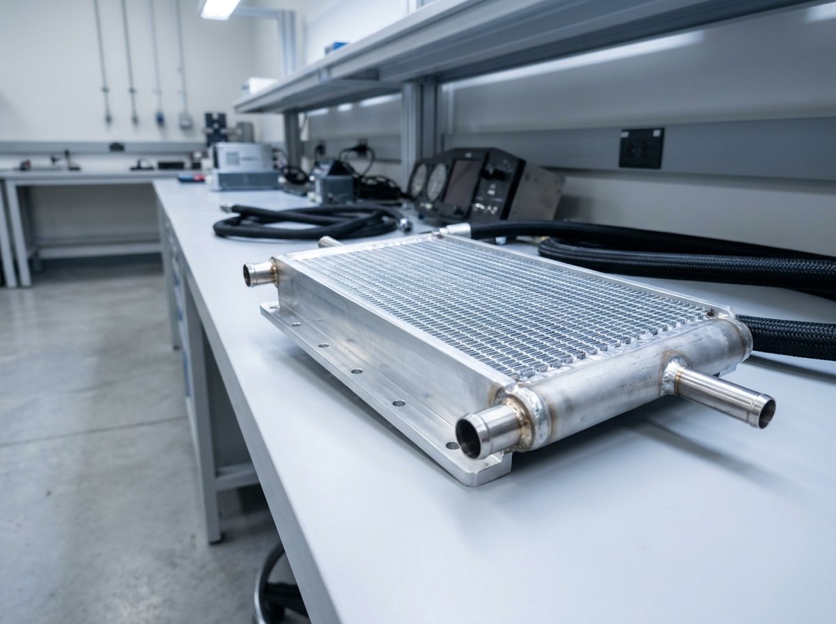 Illustrative of the class — close view of a compact heat exchanger core resting on a clean light-grey laboratory bench: a flat rectangular block of very fine bright aluminium fins between narrow flat tubes, with a cylindrical manifold header along each end and short polished stub tubes brazed into the headers, clean even brazed fillets, a regular undamaged fin pack, and a machined aluminium mounting flange with plain bolt holes along one edge, no people and no readable markings
