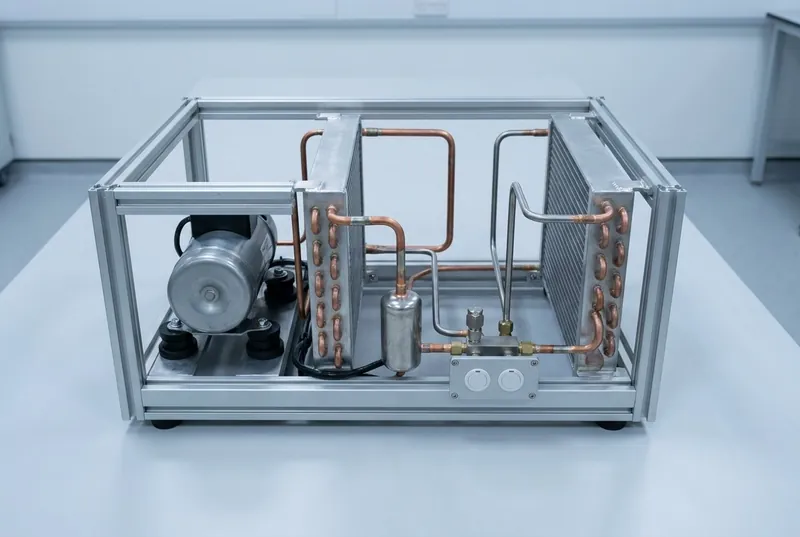 Illustrative of the class — a compact refrigeration pack on a clean light-grey laboratory bench: an open machined aluminium frame about the size of a suitcase containing a small cylindrical compressor on black elastomer anti-vibration mounts at one end, two flat rectangular finned heat exchanger blocks standing upright on opposite sides, smoothly formed copper and stainless refrigerant tubes with neat brazed joints running between them, a small cylindrical receiver vessel, a compact valve and sensor manifold, and a machined electrical connector plate with two blank circular connectors, no people and no readable markings