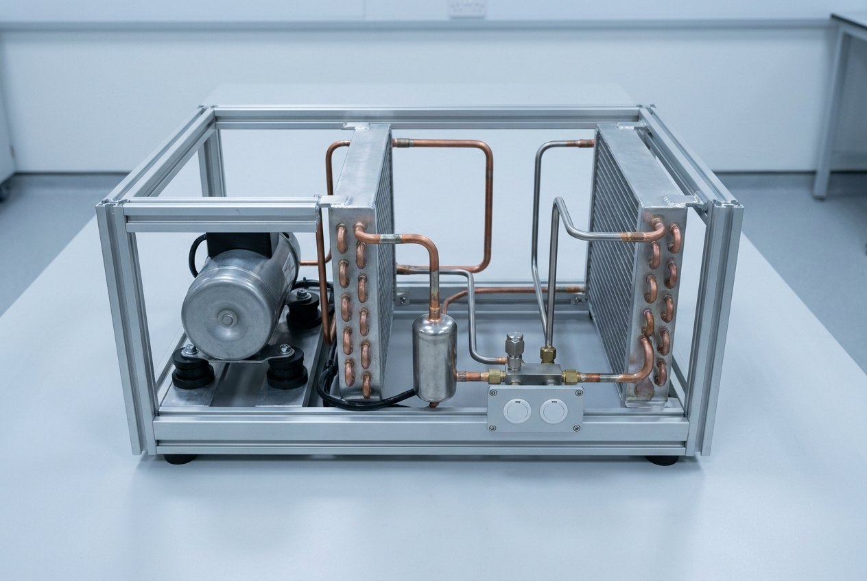 Illustrative of the class — a compact refrigeration pack on a clean light-grey laboratory bench: an open machined aluminium frame about the size of a suitcase containing a small cylindrical compressor on black elastomer anti-vibration mounts at one end, two flat rectangular finned heat exchanger blocks standing upright on opposite sides, smoothly formed copper and stainless refrigerant tubes with neat brazed joints running between them, a small cylindrical receiver vessel, a compact valve and sensor manifold, and a machined electrical connector plate with two blank circular connectors, no people and no readable markings