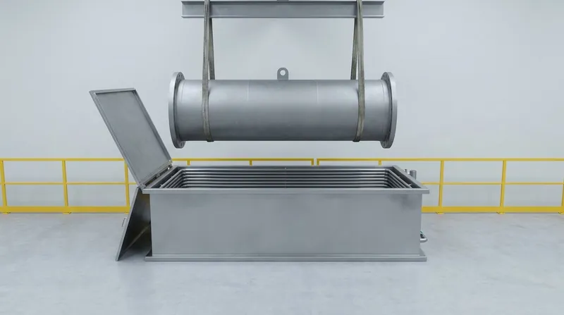 An open-top vapour degreasing station with cooling coils around the inside of the rim and a hinged lid stood open, with a large plain flanged cylindrical steel component lifted clear above the tank on two slings, and no people