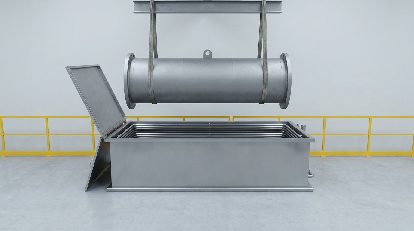 An open-top vapour degreasing station with cooling coils around the inside of the rim and a hinged lid stood open, with a large plain flanged cylindrical steel component lifted clear above the tank on two slings, and no people