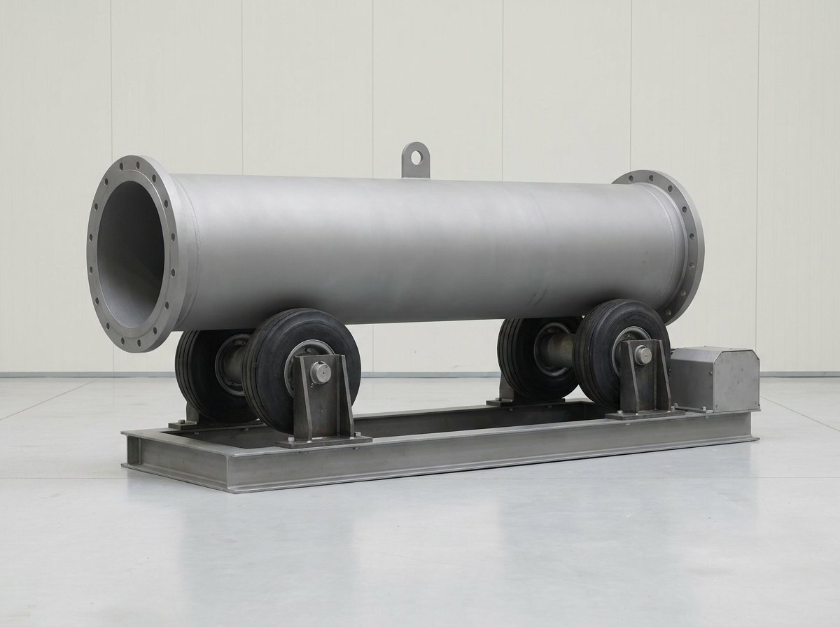 A large plain flanged cylindrical steel component lying horizontally on a powered roller rotator with two pairs of rubber-tyred rollers on a low steel base, and no people