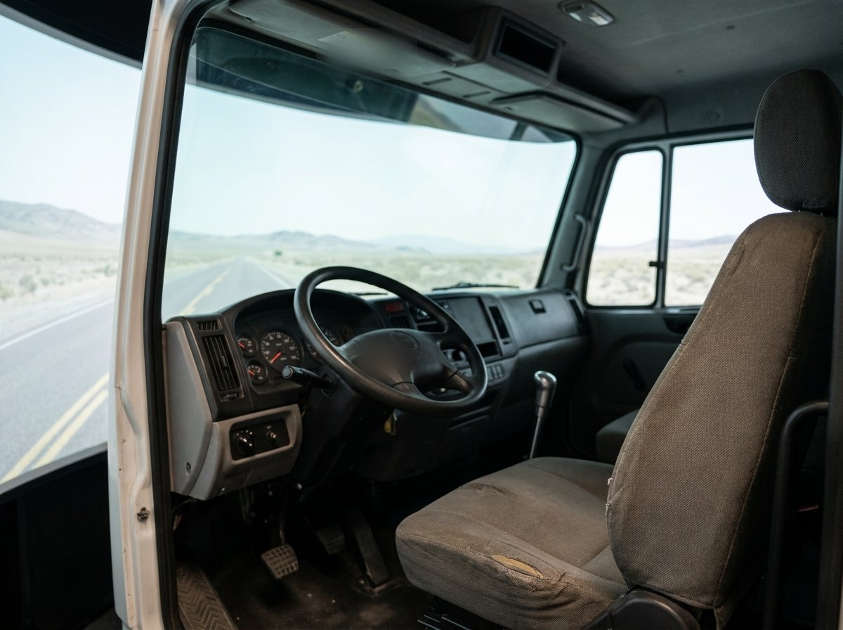 Illustrative image, not a delivered installation — a replica driver cab interior with steering wheel, dashboard instrument cluster, pedals and gear lever facing a wraparound display showing a generic road scene, empty, no text and no people