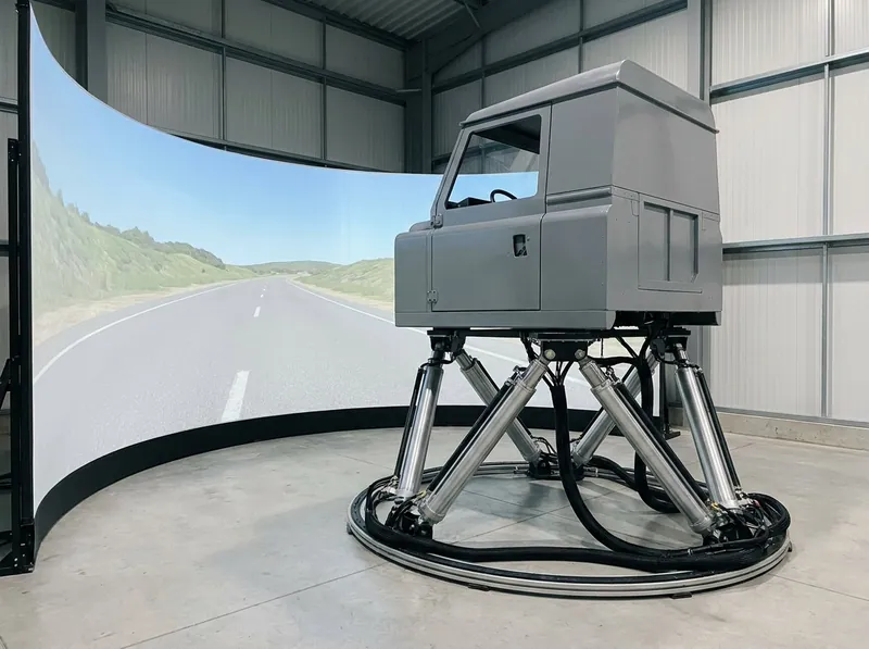 Illustrative image, not a delivered installation — a generic vehicle cab pod on a six-actuator hexapod motion platform in front of a curved wraparound projection screen showing a plain road scene, in a training hall, no text and no people