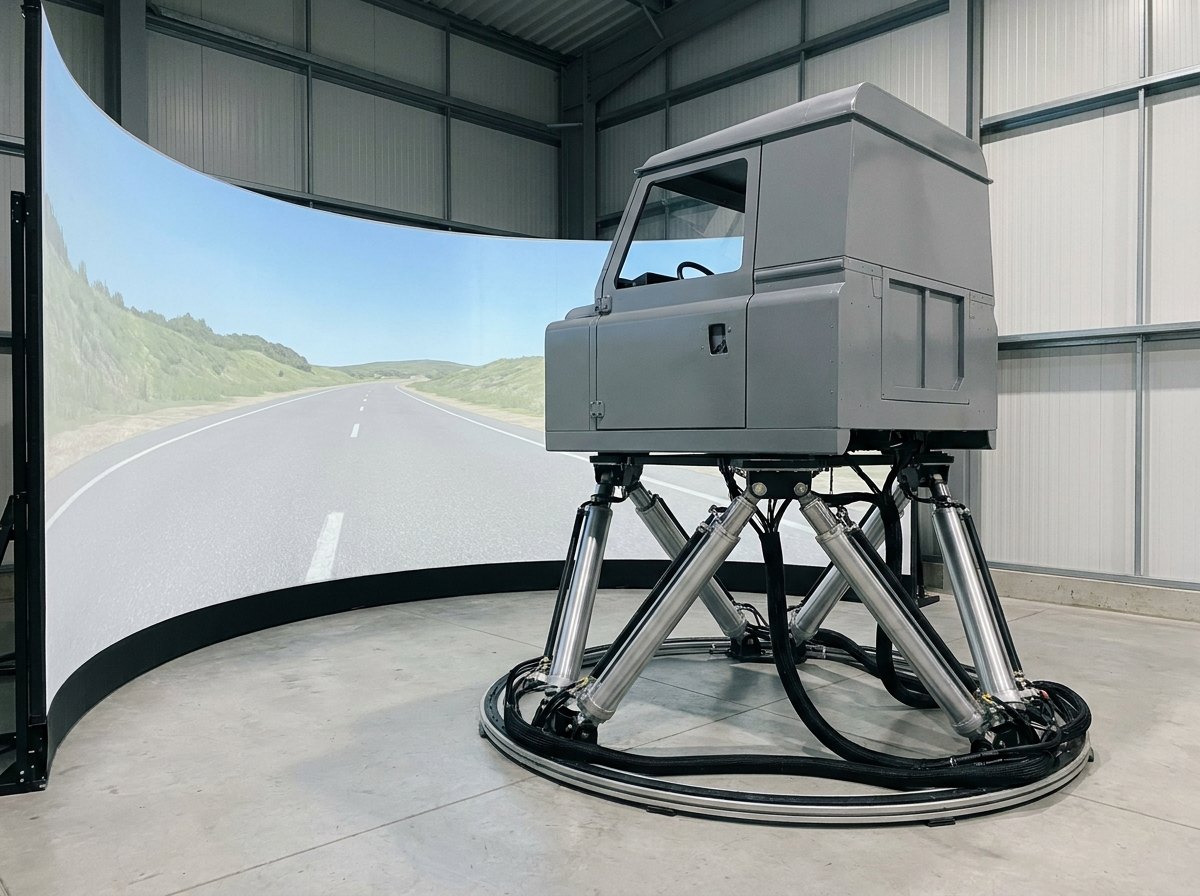 Illustrative image, not a delivered installation — a generic vehicle cab pod on a six-actuator hexapod motion platform in front of a curved wraparound projection screen showing a plain road scene, in a training hall, no text and no people