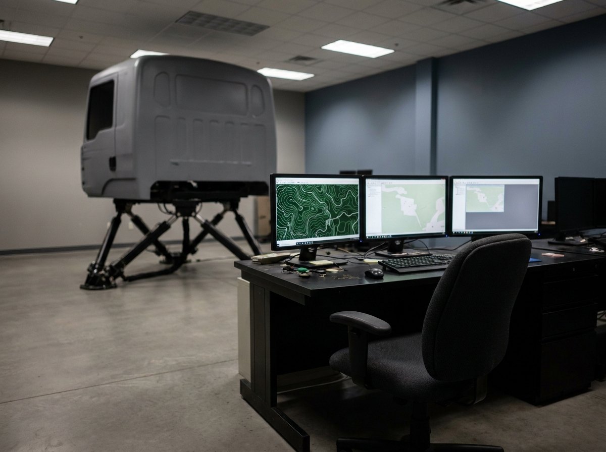 Illustrative image, not a delivered installation — an instructor operating station with a desk of monitors showing generic map and terrain views, with a motion-platform simulator cab visible behind in the training hall, empty, no readable text and no people