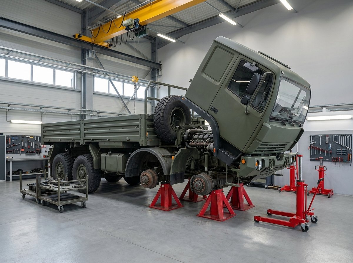 Tatra heavy truck in a life extension bay, standing on axle stands with the cab tilted forward and the driveline exposed for assembly replacement