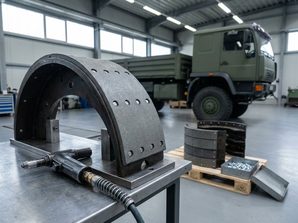 Heavy truck brake shoe held in a bench fixture with a new friction lining riveted in sequence, and relined shoes stacked on a pallet alongside
