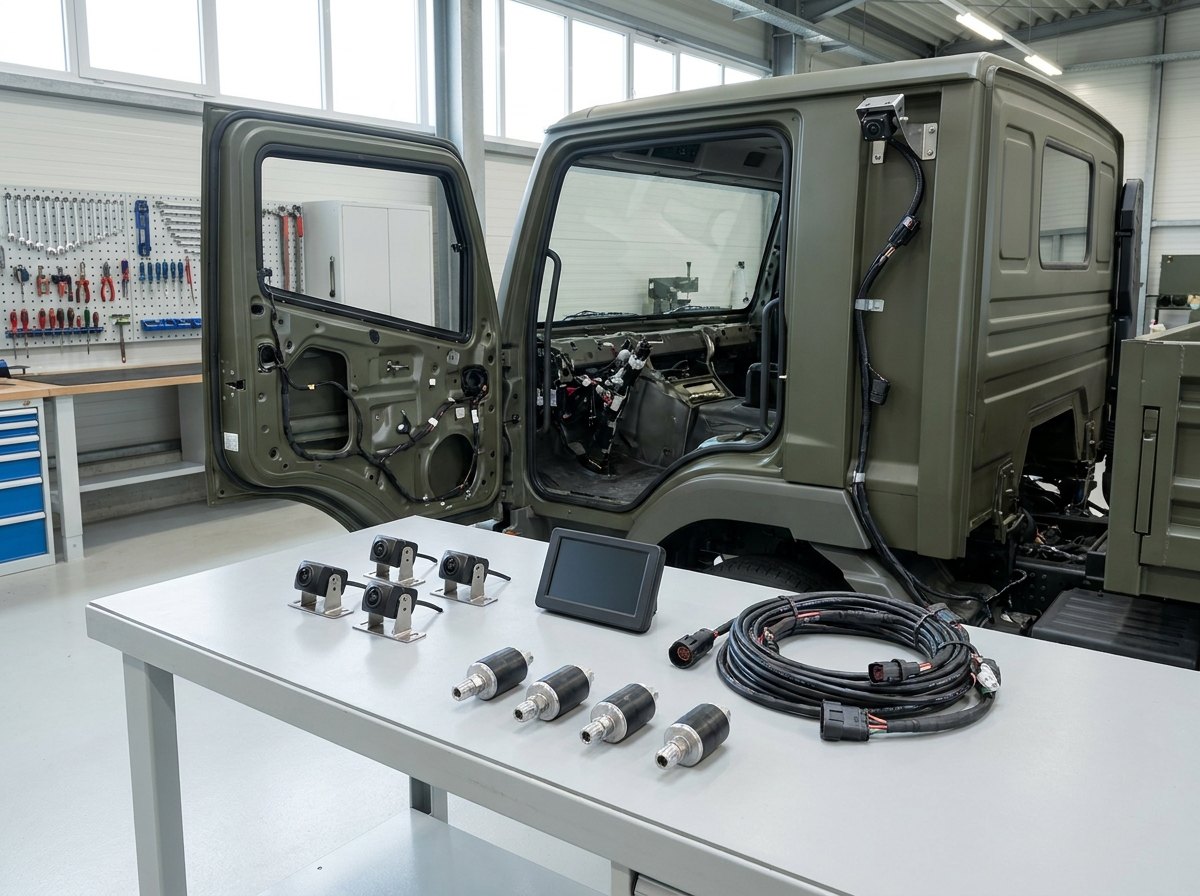 Camera heads on mounting brackets, a blank display unit, tyre-pressure sensors and a new wiring loom laid out on a workbench, with one bracket already fitted on the corner of a stripped Tatra cab behind
