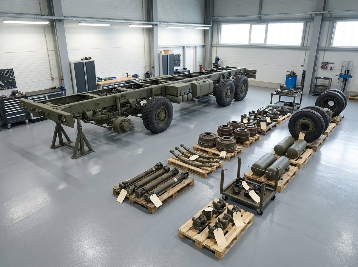 Stripped Tatra truck chassis under inspection lighting with driveline, brake drums, springs, air reservoirs and road wheels laid out on pallets and tagged