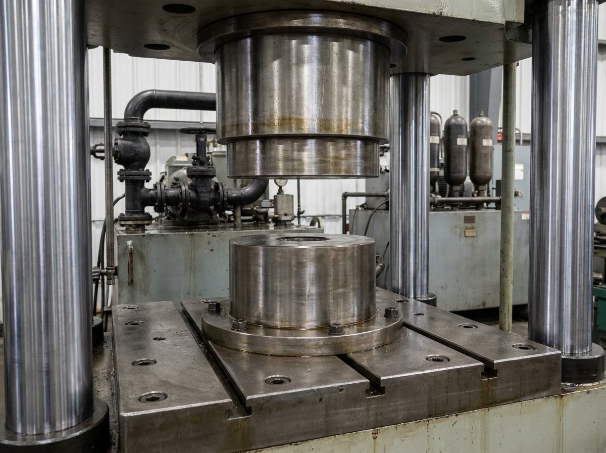 Illustrative image, not a delivered installation — the working zone of a hydraulic forging press: a heavy machined ram and bolster with a cylindrical forming die mounted, thick steel column guides either side, and a large hydraulic power pack with pipework and accumulators in the background