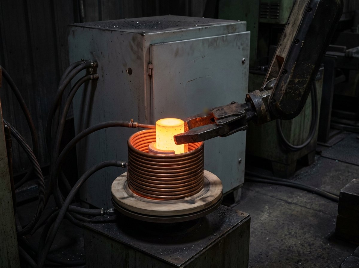Illustrative image, not a delivered installation — an induction heating station: a cylindrical copper induction coil glowing orange around a heated steel billet on a turntable, with an industrial robot gripper reaching in, cooling-water hoses and a power cabinet beside it in a forge shop