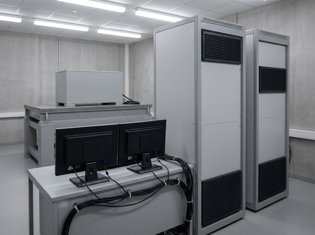 Illustrative image, not a delivered installation — the control side of a vibration test system: a vibration-controller desk and power-amplifier cabinets with plain dark screens and blank panels, in a clean laboratory, no text and no people