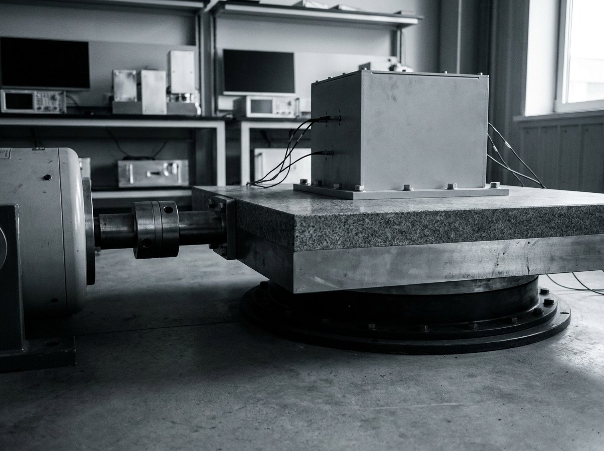 Illustrative image, not a delivered installation — a horizontal slip table: a large flat plate on an oil-film bearing driven by the electrodynamic shaker on the horizontal axis, with a generic test specimen bolted to it through a fixture, no text and no people