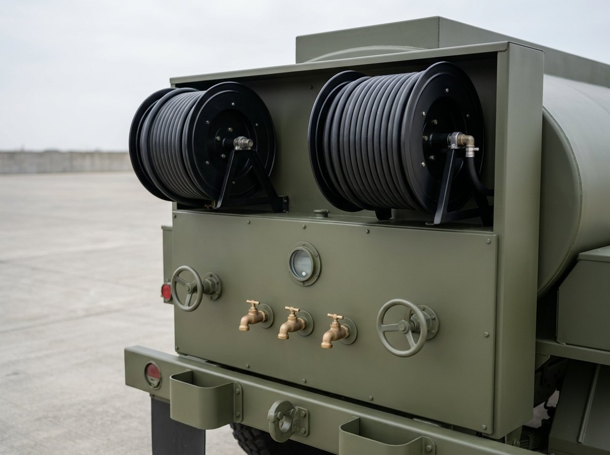 Close view of the rear distribution panel of a tactical water vehicle, isolated against an empty concrete yard: two hose reels mounted side by side, three plain taps, two valve handwheels and a single unmarked gauge on a plain panel, and no people