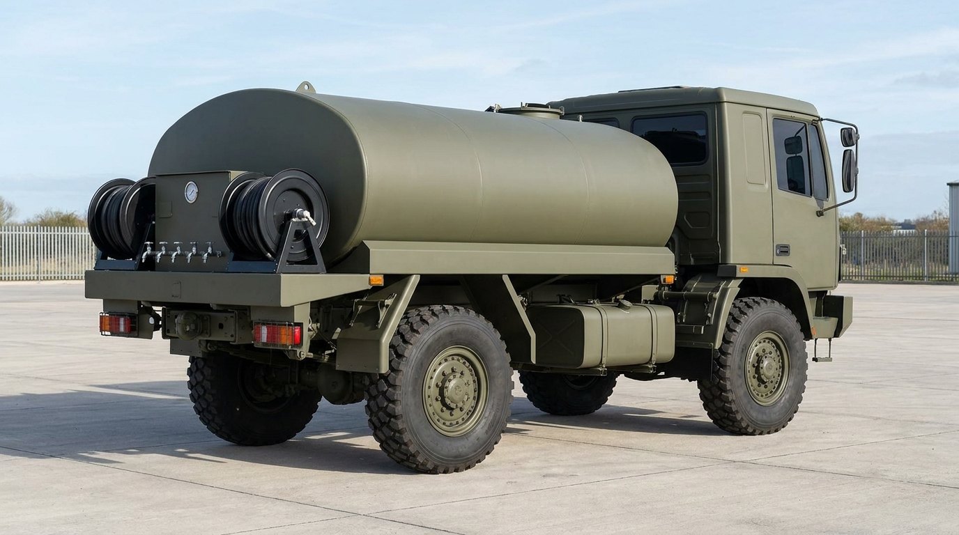 A tactical water bowser: a smooth cylindrical tank body mounted on a plain cross-country truck chassis, parked in a clean concrete vehicle yard, with a distribution panel of two hose reels, plain taps and a single gauge visible at the rear, and no people