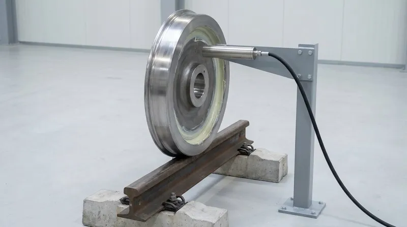 A single steel train wheel resting upright on a short length of steel rail laid on two concrete sleepers, with a rigid grey painted steel arm bolted to a post beside the rail holding one short plain stainless steel cylindrical nozzle aimed at the inner face of the flange, a black flexible hose leading away from the nozzle, and a thin film of pale grease at the flange edge while the tread on the rail head is bare and clean, and no people