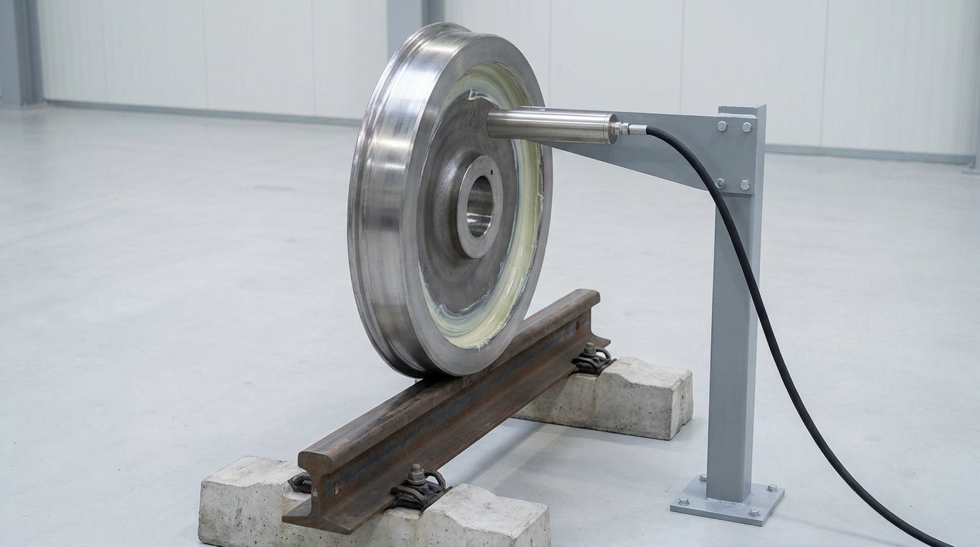 A single steel train wheel resting upright on a short length of steel rail laid on two concrete sleepers, with a rigid grey painted steel arm bolted to a post beside the rail holding one short plain stainless steel cylindrical nozzle aimed at the inner face of the flange, a black flexible hose leading away from the nozzle, and a thin film of pale grease at the flange edge while the tread on the rail head is bare and clean, and no people