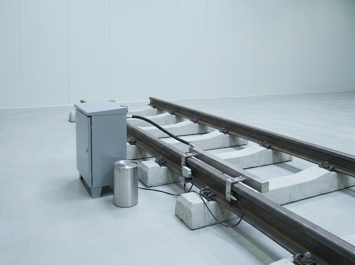 A single trackside rail lubricator beside a short length of track: two steel rails on concrete sleepers, a compact grey painted steel enclosure with a hinged door and a small cylindrical stainless steel reservoir beside the near rail, a black flexible hose running from the enclosure to a slim stainless steel applicator bar bolted to the inner side of the near rail, and a small plain sensor clamped to the web of the rail with one thin black cable, and no people