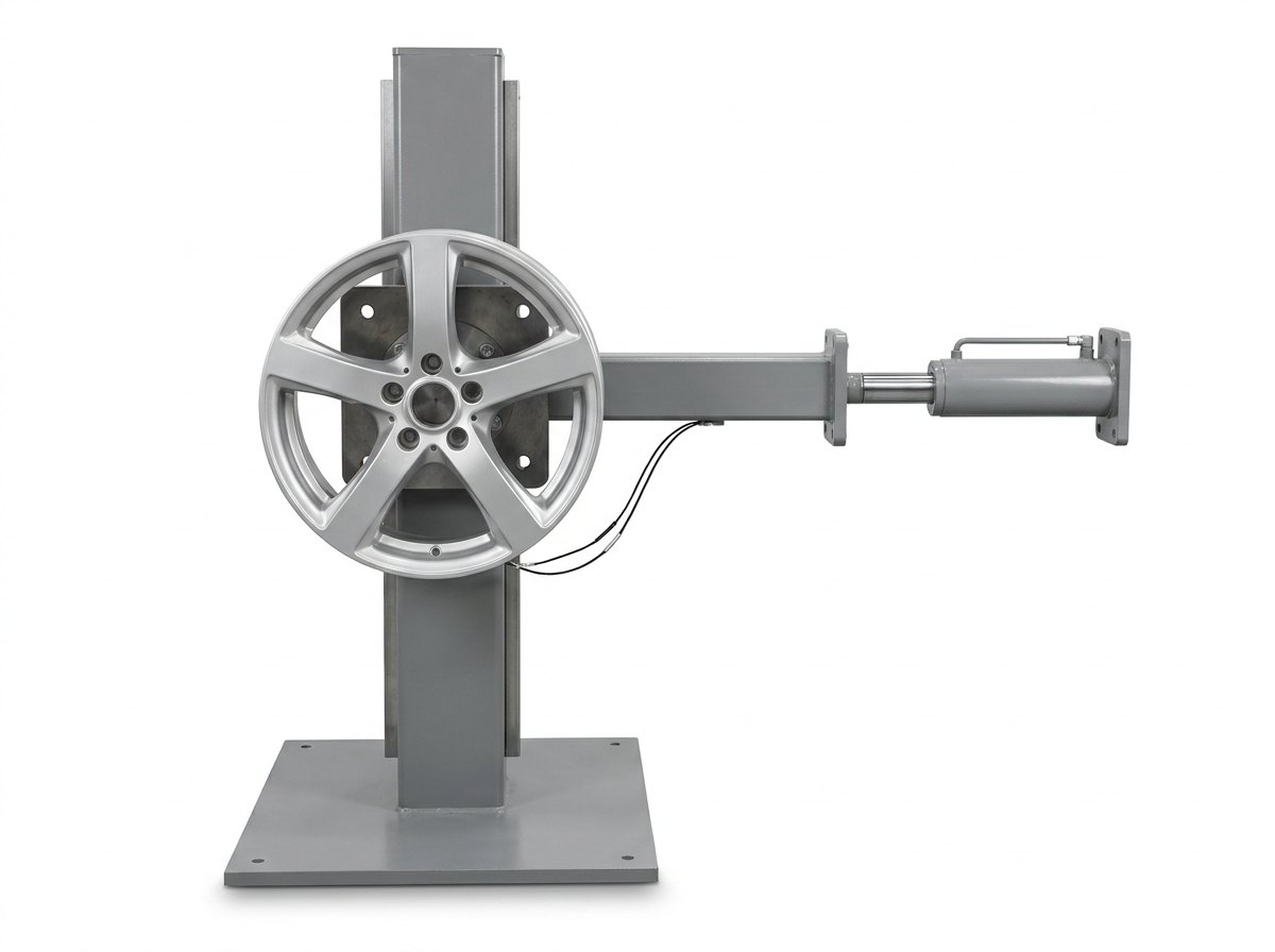 A single wheel cornering fatigue fixture on a plain white studio background: a grey steel base plate and an upright steel column holding a bare five-spoke alloy wheel without a tyre, bolted to a thick steel hub plate, with a long rigid loading arm reaching sideways from the hub to a hydraulic cylinder and a thin pair of black strain gauge leads running from one spoke, and no people