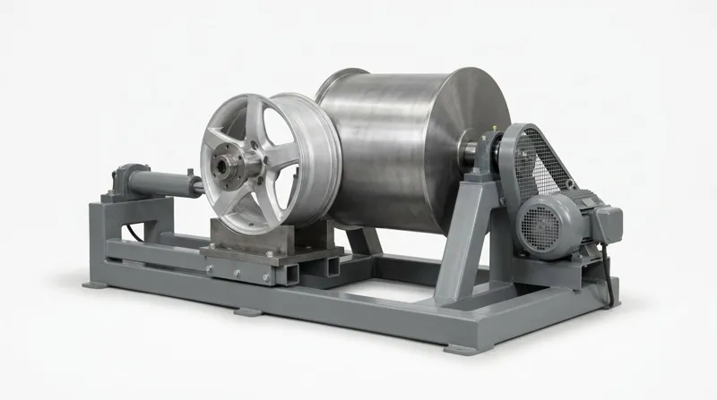 A single wheel radial fatigue test rig on a plain white studio background: a welded grey steel frame with a large smooth steel drum on a horizontal shaft in two bearing blocks, a bare five-spoke alloy wheel without a tyre bolted to a heavy steel hub on a sliding carriage that a stout hydraulic cylinder presses toward the drum, and a grey electric motor with a guarded belt drive, and no people