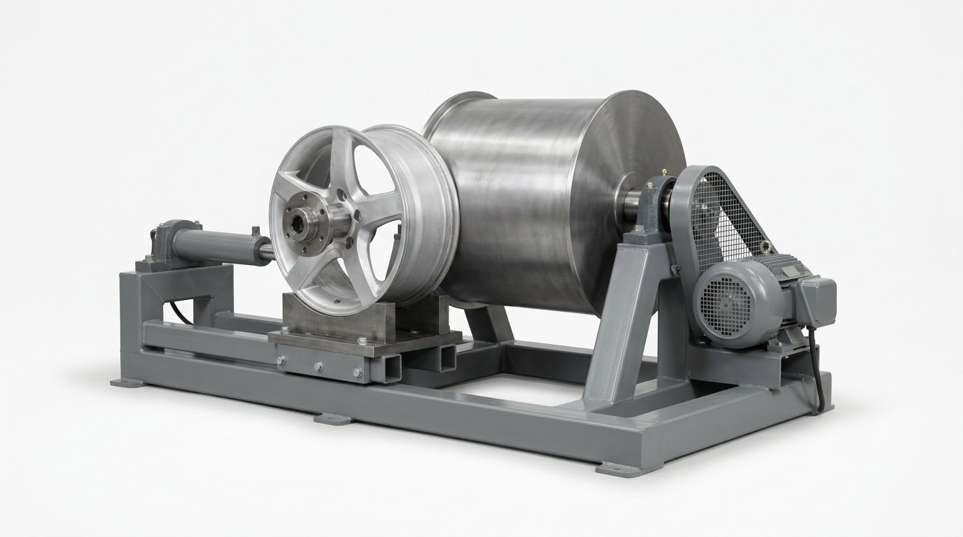 A single wheel radial fatigue test rig on a plain white studio background: a welded grey steel frame with a large smooth steel drum on a horizontal shaft in two bearing blocks, a bare five-spoke alloy wheel without a tyre bolted to a heavy steel hub on a sliding carriage that a stout hydraulic cylinder presses toward the drum, and a grey electric motor with a guarded belt drive, and no people