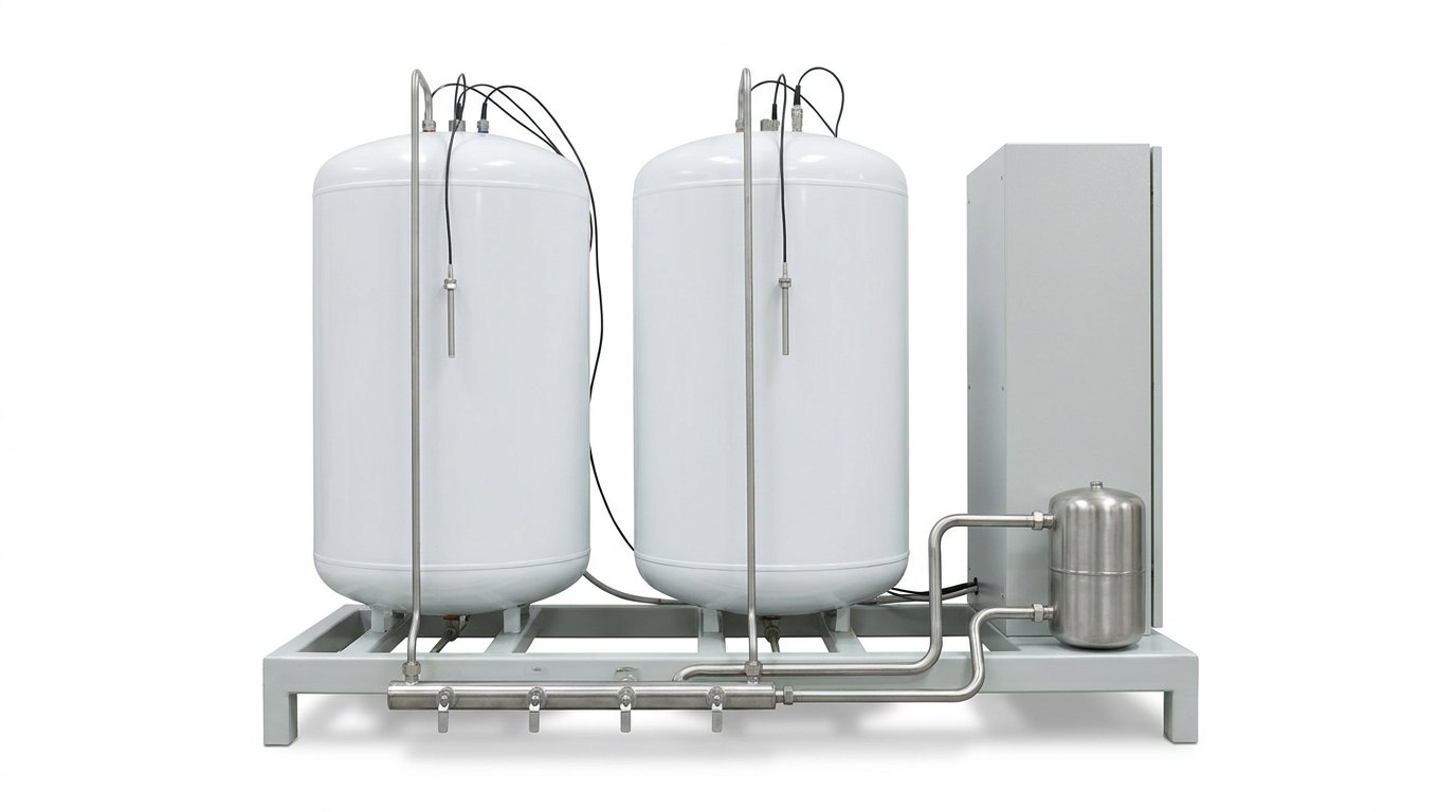 A water heater test facility on a plain white studio background: a low pale grey steel test frame holding two plain white enamelled cylinders side by side, a stainless steel pipe running down from each to a stainless manifold of four small valves along the front edge, thin black sensor cables with small stainless probe sleeves at the top of each cylinder, and at the right end a pale grey cabinet and a small stainless supply vessel joined to the manifold by two pipes, and no people
